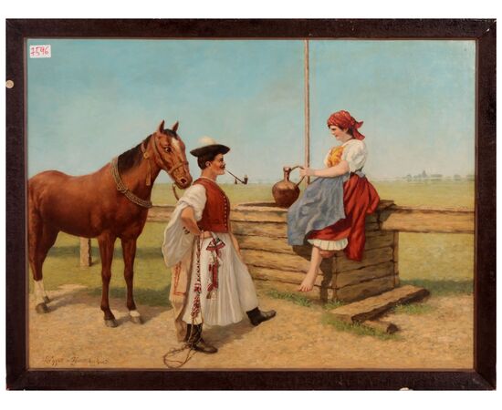 Antico quadro del 1800 olio su tela raffigurante "Incontro"