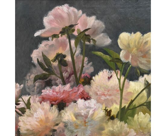 DIPINTI ANTICHI DI FIORI, NATURE MORTE CON PEONIE, OLIO SU TELA, EPOCA OTTOCENTO. (QF673)