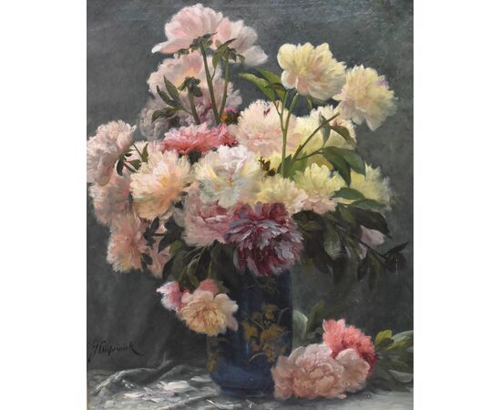 DIPINTI ANTICHI DI FIORI, NATURE MORTE CON PEONIE, OLIO SU TELA, EPOCA OTTOCENTO. (QF673)