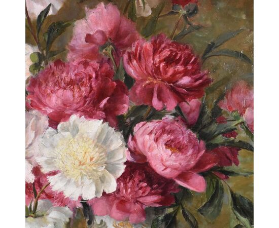 DIPINTI ANTICHI DI FIORI, NATURE MORTE CON PEONIE E LIBRI, OLIO SU TELA, EPOCA OTTOCENTO. (QF672)