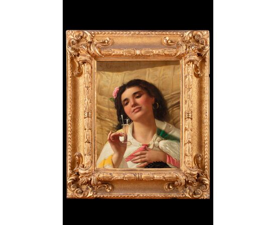 Dipinto di Giovanni Costa (Livorno 1833 - Firenze 1893), "Ritratto femminile"