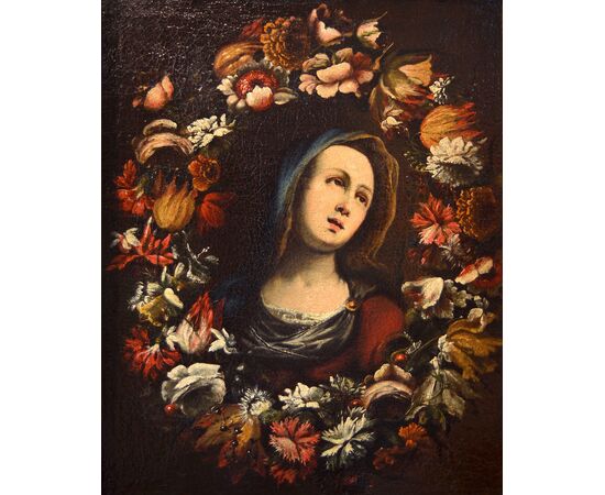 Ghirlanda di fiori con ritratto della Vergine