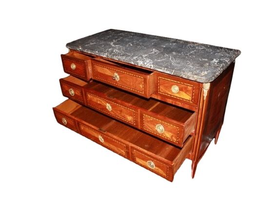 Comò francese stile Luigi XVI di inizio 1800 con piano in marmo e intarsi