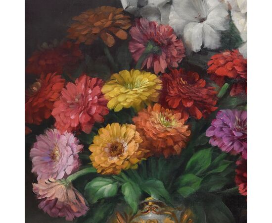 DIPINTI ANTICHI FIORI DI IRIS E GERBERE, GRANDE OLIO SU TELA, ART DECO, JULIEN STAPPERS. (QF674)