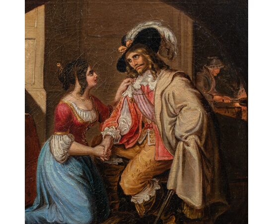 Pittore romantico italiano (XIX sec.) - Dama e moschettiere.