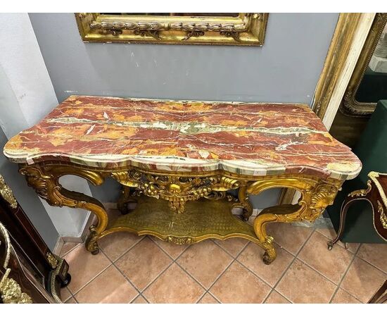  Coppia di Consolle in Legno Dorato con Marmi in diaspro Siciliano, Luigi XV