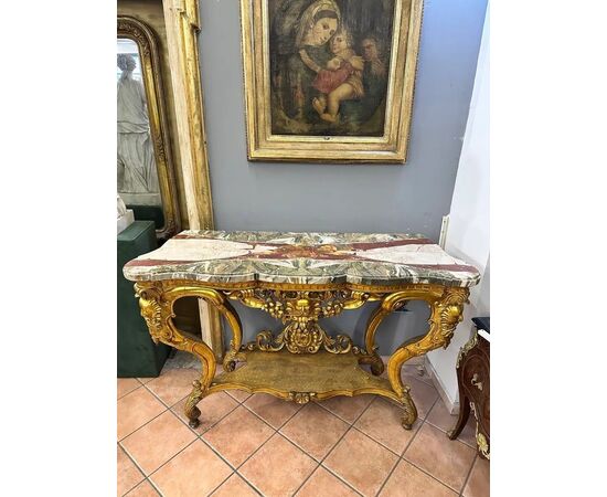  Coppia di Consolle in Legno Dorato con Marmi in diaspro Siciliano, Luigi XV