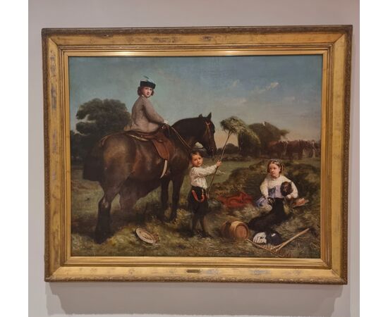Olio su tela 800 paesaggio con dama a cavallo e fanciulli-Charles James 1851-1906