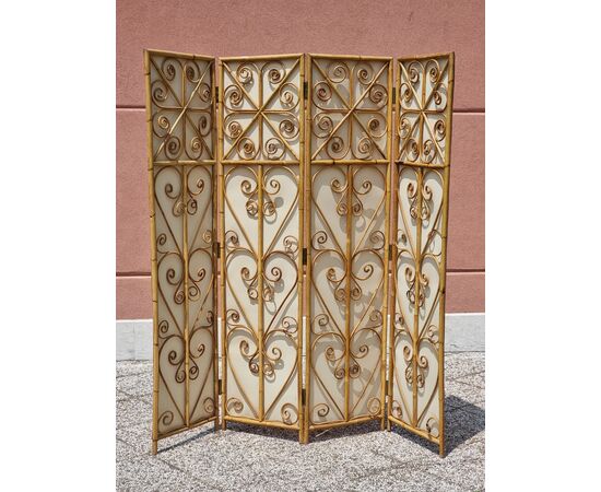 Paravento pieghevole in bambù e rattan, anni ’50