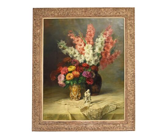 DIPINTI ANTICHI FIORI DI IRIS E GERBERE, GRANDE OLIO SU TELA, ART DECO, JULIEN STAPPERS. (QF674)