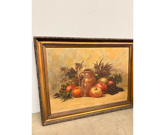 Antico dipinto olio su tela natura morta con frutta 1925, 60x55cm