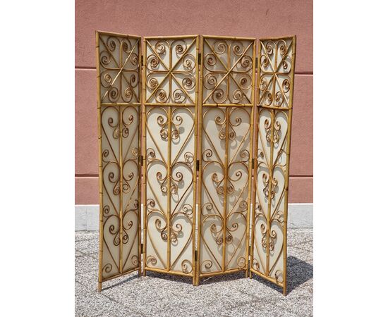 Paravento pieghevole in bambù e rattan, anni ’50