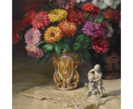 DIPINTI ANTICHI FIORI DI IRIS E GERBERE, GRANDE OLIO SU TELA, ART DECO, JULIEN STAPPERS. (QF674)
