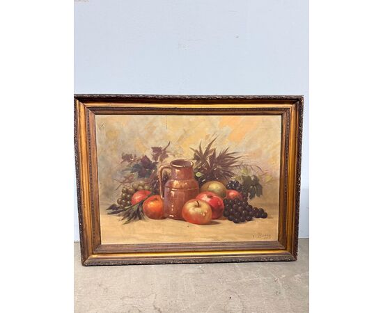 Antico dipinto olio su tela natura morta con frutta 1925, 60x55cm