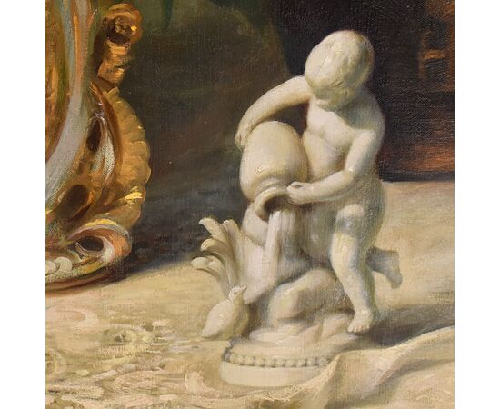 DIPINTI ANTICHI FIORI DI IRIS E GERBERE, GRANDE OLIO SU TELA, ART DECO, JULIEN STAPPERS. (QF674)