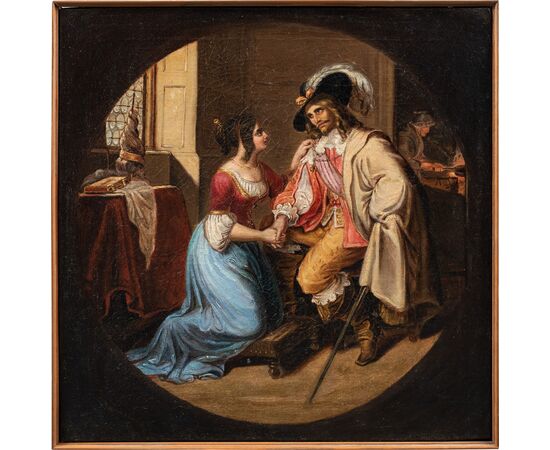 Pittore romantico italiano (XIX sec.) - Dama e moschettiere.