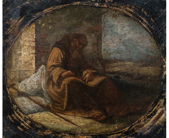 Pittore italiano (XVII-XVIII sec.) - Frate francescano pellegrino assiso a scrivere (bozzetto preparatorio).
