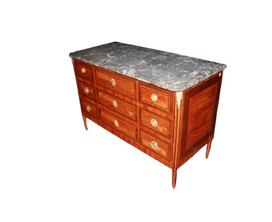 Comò francese stile Luigi XVI di inizio 1800 con piano in marmo e intarsi