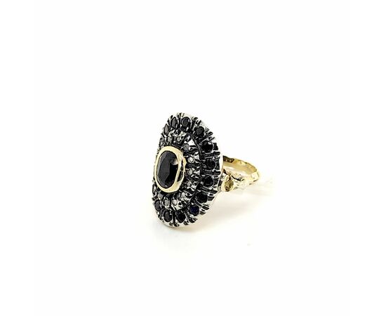 ANELLO IN ORO E ARGENTO CON  ZAFFIRI NERI