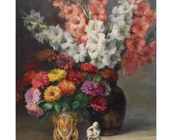 DIPINTI ANTICHI FIORI DI IRIS E GERBERE, GRANDE OLIO SU TELA, ART DECO, JULIEN STAPPERS. (QF674)
