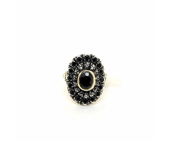 ANELLO IN ORO E ARGENTO CON  ZAFFIRI NERI