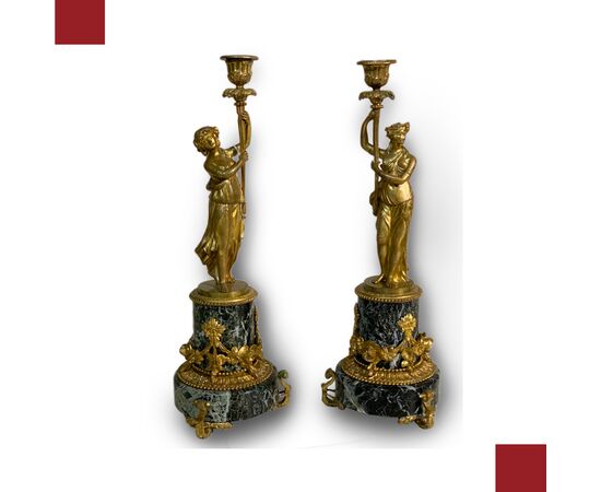 COPPIA DI CANDELABRI CON VESTALI META' DEL XIX SECOLO