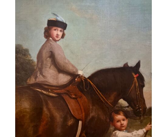 Olio su tela 800 paesaggio con dama a cavallo e fanciulli-Charles James 1851-1906