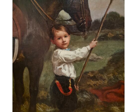 Olio su tela 800 paesaggio con dama a cavallo e fanciulli-Charles James 1851-1906