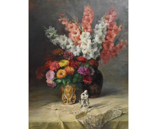 DIPINTI ANTICHI FIORI DI IRIS E GERBERE, GRANDE OLIO SU TELA, ART DECO, JULIEN STAPPERS. (QF674)