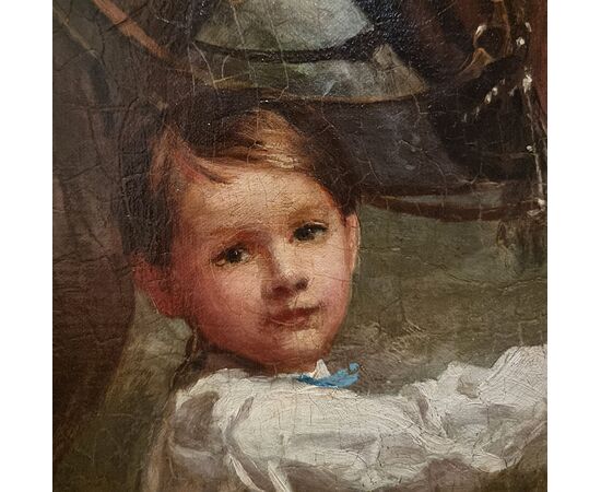 Olio su tela 800 paesaggio con dama a cavallo e fanciulli-Charles James 1851-1906