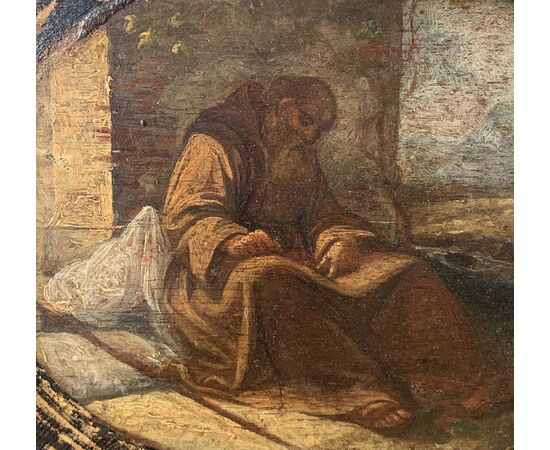 Pittore italiano (XVII-XVIII sec.) - Frate francescano pellegrino assiso a scrivere (bozzetto preparatorio).