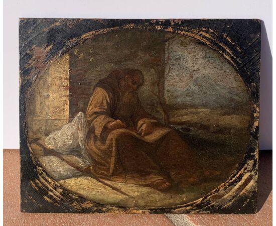 Pittore italiano (XVII-XVIII sec.) - Frate francescano pellegrino assiso a scrivere (bozzetto preparatorio).