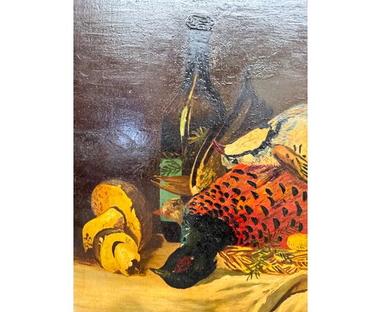 Antico olio su tavola raffigurante natura morta e cacciagione 1940, 42x51cm 