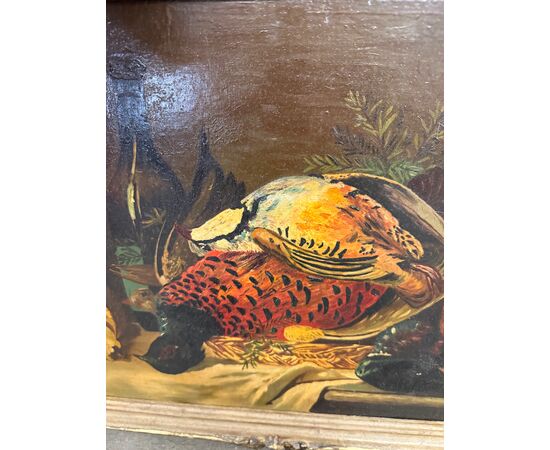 Antico olio su tavola raffigurante natura morta e cacciagione 1940, 42x51cm 