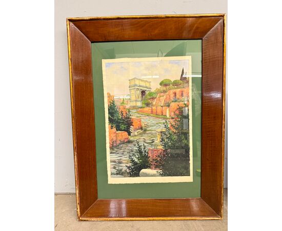 Antico dipinto ad acquarello fori romani. Roma XIX sec., 64x44 cm
