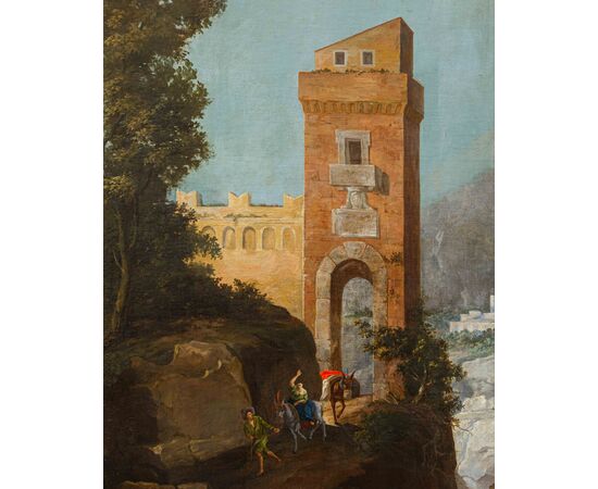  Cerchia di Charles François Grenier de Lacroix (Marsiglia, 1700 - Berlino 1779),  Paesaggio roccioso con torre e figure