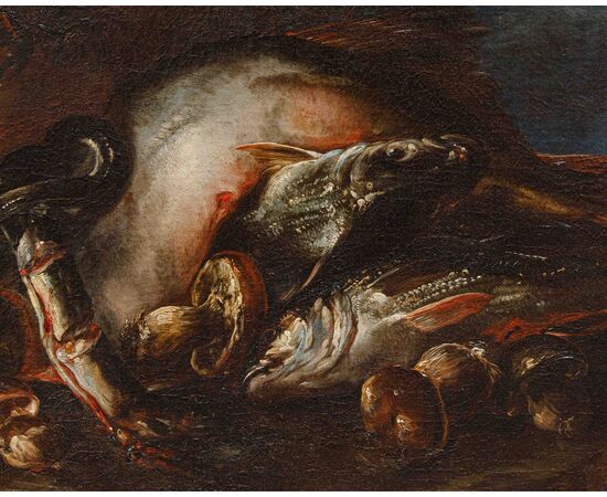Felice Boselli (Piacenza 1650 –Parma 1732), Natura morta con pesci, gamberi e funghi