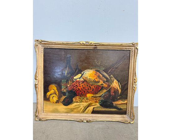 Antico olio su tavola raffigurante natura morta e cacciagione 1940, 42x51cm 