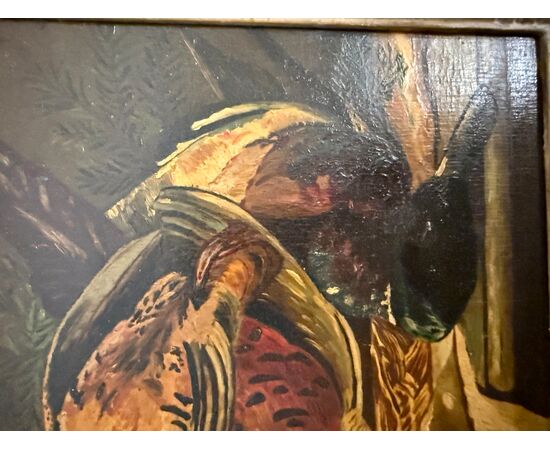Antico olio su tavola raffigurante natura morta e cacciagione 1940, 42x51cm 