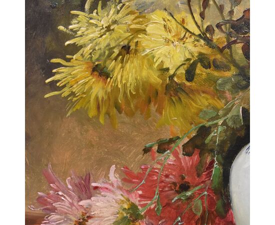 QUADRI ANTICHI, NATURA MORTA CON FIORI, VASO DI DALIE, OLIO SU TELA, DELL 800. (QF675)
