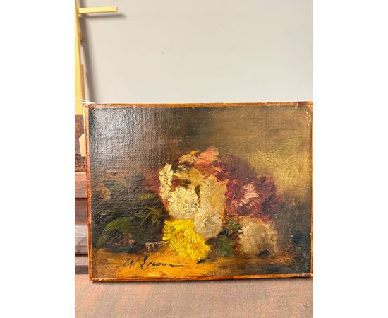 Antico piccolo dipinto ad olio su tela natura morta XIX, 29x39cm
