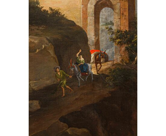  Cerchia di Charles François Grenier de Lacroix (Marsiglia, 1700 - Berlino 1779),  Paesaggio roccioso con torre e figure