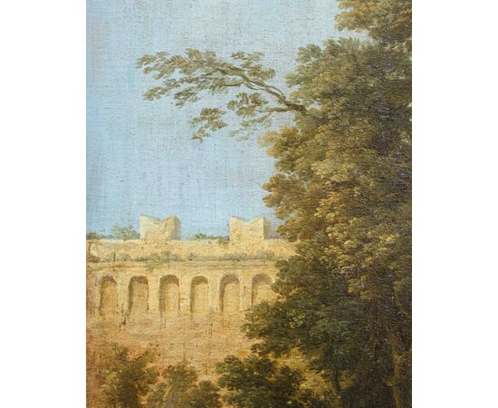  Cerchia di Charles François Grenier de Lacroix (Marsiglia, 1700 - Berlino 1779),  Paesaggio roccioso con torre e figure