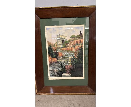 Antico dipinto ad acquarello fori romani. Roma XIX sec., 64x44 cm