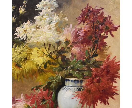 QUADRI ANTICHI, NATURA MORTA CON FIORI, VASO DI DALIE, OLIO SU TELA, DELL 800. (QF675)