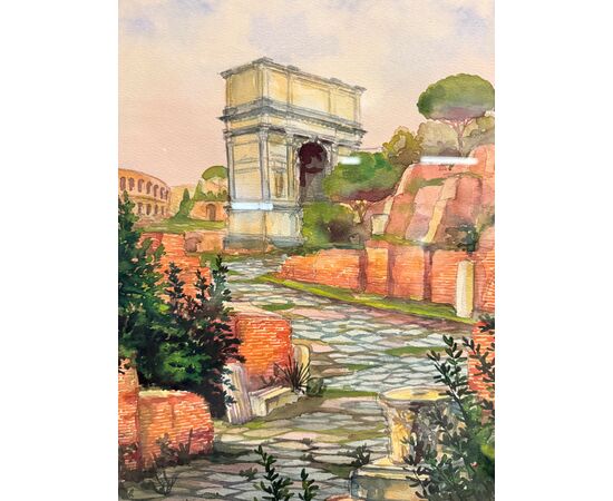 Antico dipinto ad acquarello fori romani. Roma XIX sec., 64x44 cm