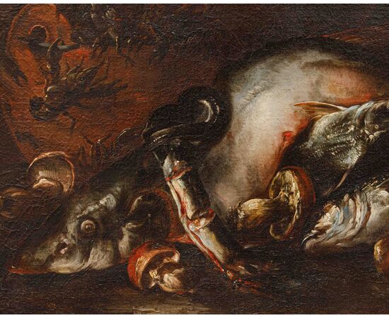 Felice Boselli (Piacenza 1650 –Parma 1732), Natura morta con pesci, gamberi e funghi