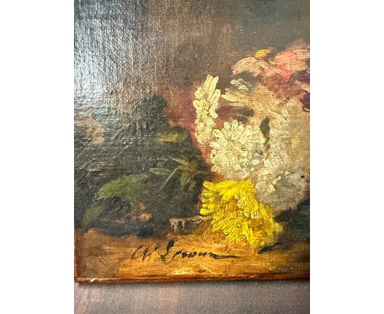Antico piccolo dipinto ad olio su tela natura morta XIX, 29x39cm