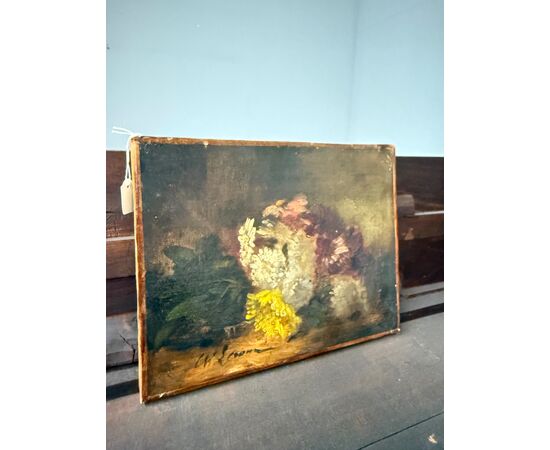Antico piccolo dipinto ad olio su tela natura morta XIX, 29x39cm
