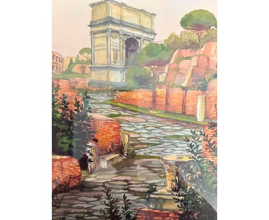 Antico dipinto ad acquarello fori romani. Roma XIX sec., 64x44 cm